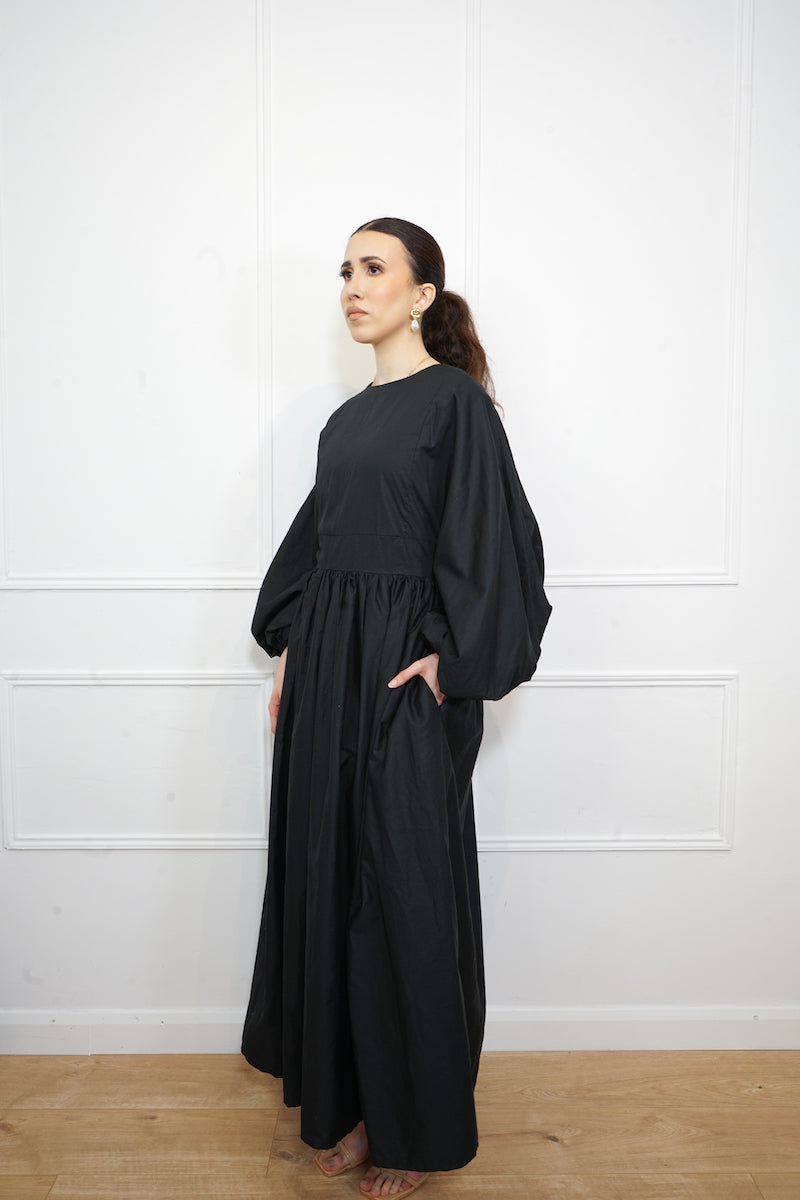 Black Balloon Sleeve Poplin Cotton Dress thumbnail