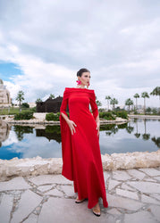 Aurelia Modest Off-Shoulder Maxi –  Long Sleeve Evening Dress in Red thumbnail