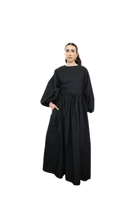 Black Balloon Sleeve Poplin Cotton Dress