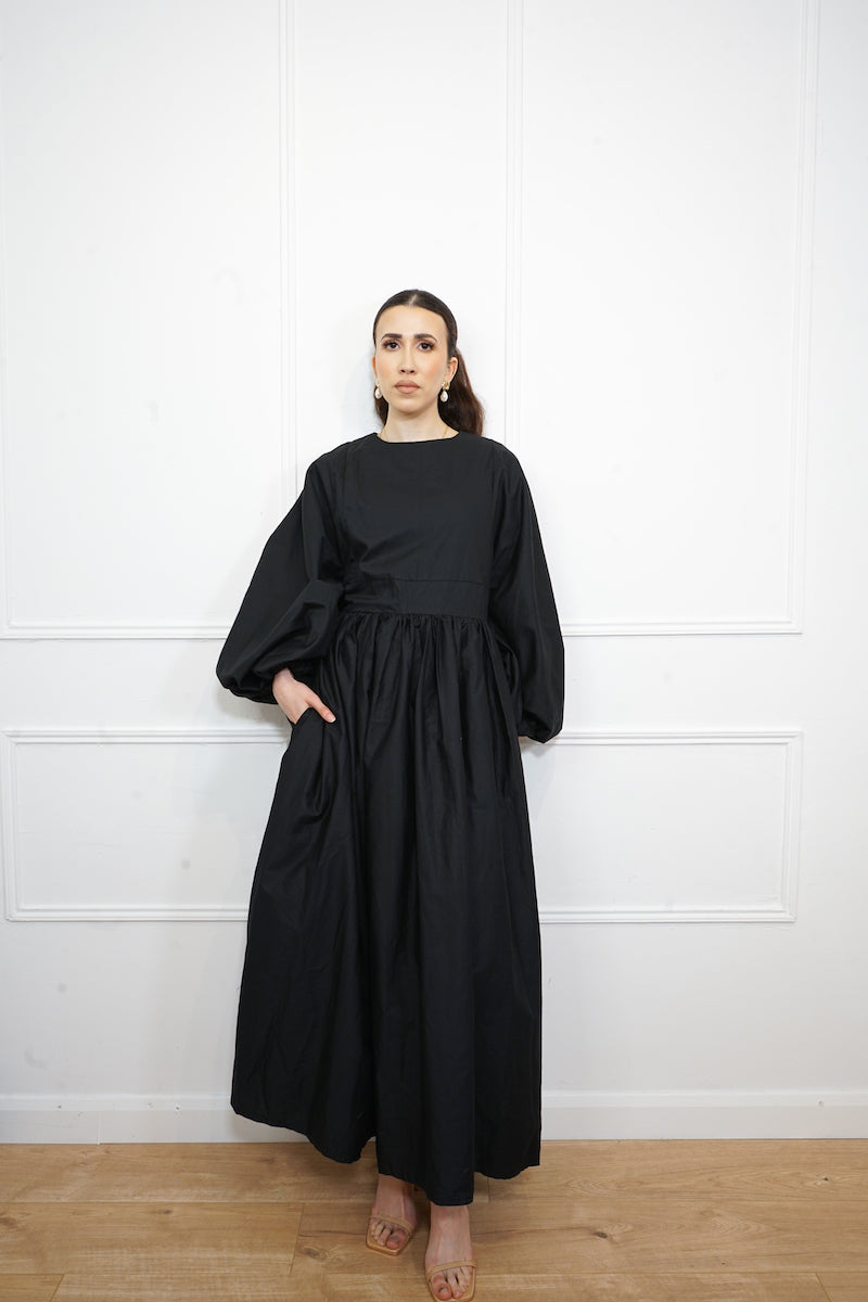 Black Balloon Sleeve Poplin Cotton Dress