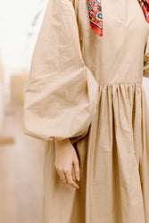 Beige Balloon Sleeve Poplin Cotton Dress thumbnail